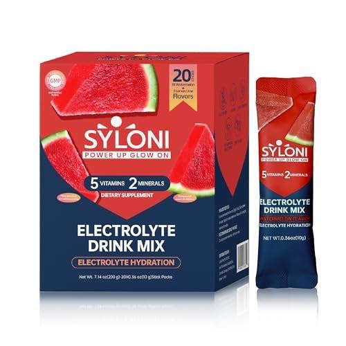 Syloni Elektrolyte Pulver Beutel, Wassermelone (0,36 oz * 20 Sticks), Zuckerfreie Hydrationspackungen mit 7 Vitaminen und Elektrolyten, Keto-freundlich, vegan, glutenfrei