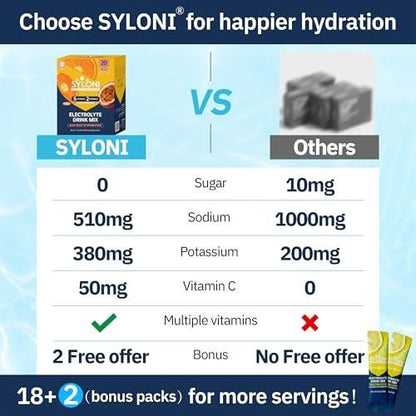Syloni Elektrolyte Pulver Beutel, Citrus-Passionsfrucht (0.36 oz * 20 Sticks), Zuckerfreie Hydrationspackungen, Elektrolyt-Getränkemischung mit 7 Vitaminen und Elektrolyten, Keto-freundlich, Vegan