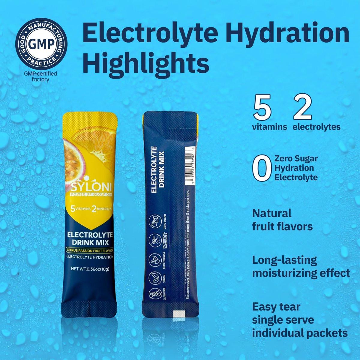 Syloni Elektrolyte Pulver Beutel, Citrus-Passionsfrucht (0.36 oz * 20 Sticks), Zuckerfreie Hydrationspackungen, Elektrolyt-Getränkemischung mit 7 Vitaminen und Elektrolyten, Keto-freundlich, Vegan