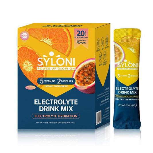Syloni Elektrolyte Pulver Beutel, Citrus-Passionsfrucht (0.36 oz * 20 Sticks), Zuckerfreie Hydrationspackungen, Elektrolyt-Getränkemischung mit 7 Vitaminen und Elektrolyten, Keto-freundlich, Vegan