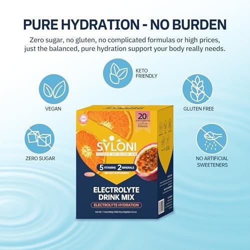 Syloni Elektrolyte Pulver Beutel, Citrus-Passionsfrucht (0.36 oz * 20 Sticks), Zuckerfreie Hydrationspackungen, Elektrolyt-Getränkemischung mit 7 Vitaminen und Elektrolyten, Keto-freundlich, Vegan