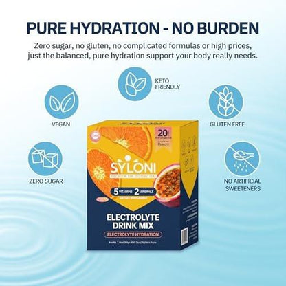 Syloni Elektrolyte Pulver Beutel, Citrus-Passionsfrucht (0.36 oz * 20 Sticks), Zuckerfreie Hydrationspackungen, Elektrolyt-Getränkemischung mit 7 Vitaminen und Elektrolyten, Keto-freundlich, Vegan