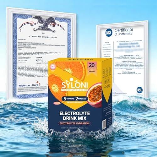 Syloni Elektrolyte Pulver Beutel, Citrus-Passionsfrucht (0.36 oz * 20 Sticks), Zuckerfreie Hydrationspackungen, Elektrolyt-Getränkemischung mit 7 Vitaminen und Elektrolyten, Keto-freundlich, Vegan