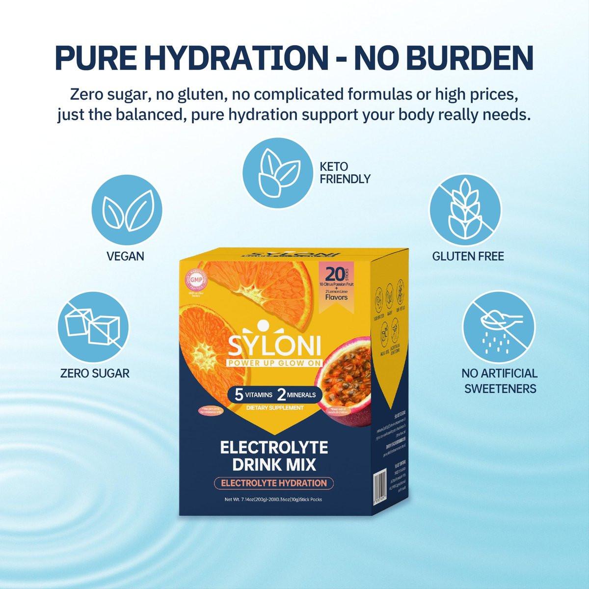 Syloni Elektrolyte Pulver Beutel, Citrus-Passionsfrucht (0.36 oz * 20 Sticks), Zuckerfreie Hydrationspackungen, Elektrolyt-Getränkemischung mit 7 Vitaminen und Elektrolyten, Keto-freundlich, Vegan