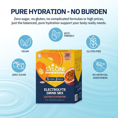 Syloni Elektrolyte Pulver Beutel, Citrus-Passionsfrucht (0.36 oz * 20 Sticks), Zuckerfreie Hydrationspackungen, Elektrolyt-Getränkemischung mit 7 Vitaminen und Elektrolyten, Keto-freundlich, Vegan