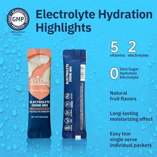 Syloni Elektrolytpulver Beutel, Weißer Pfirsich (0,36 oz * 20 Sticks), Zuckerfreie Hydrationspackungen mit 7 Vitaminen und Elektrolyten, Keto-freundlich, Vegan, Glutenfrei