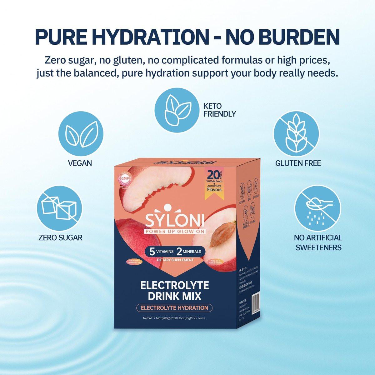 Syloni Elektrolytpulver Beutel, Weißer Pfirsich (0,36 oz * 20 Sticks), Zuckerfreie Hydrationspackungen mit 7 Vitaminen und Elektrolyten, Keto-freundlich, Vegan, Glutenfrei