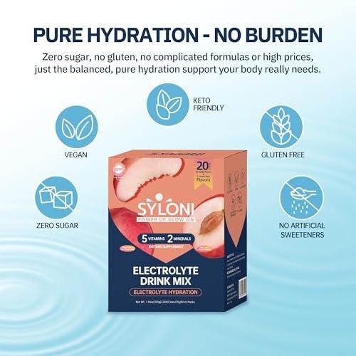 Syloni Elektrolytpulver Beutel, Weißer Pfirsich (0,36 oz * 20 Sticks), Zuckerfreie Hydrationspackungen mit 7 Vitaminen und Elektrolyten, Keto-freundlich, Vegan, Glutenfrei