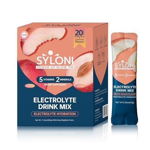 Syloni Elektrolytpulver Beutel, Weißer Pfirsich (0,36 oz * 20 Sticks), Zuckerfreie Hydrationspackungen mit 7 Vitaminen und Elektrolyten, Keto-freundlich, Vegan, Glutenfrei