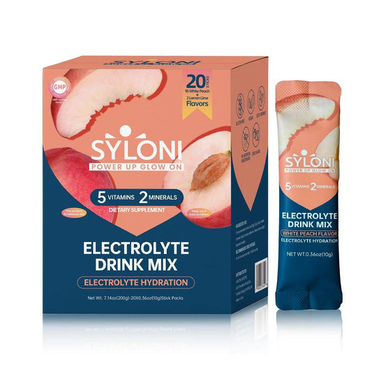 Syloni Elektrolytpulver Beutel, Weißer Pfirsich (0,36 oz * 20 Sticks), Zuckerfreie Hydrationspackungen mit 7 Vitaminen und Elektrolyten, Keto-freundlich, Vegan, Glutenfrei
