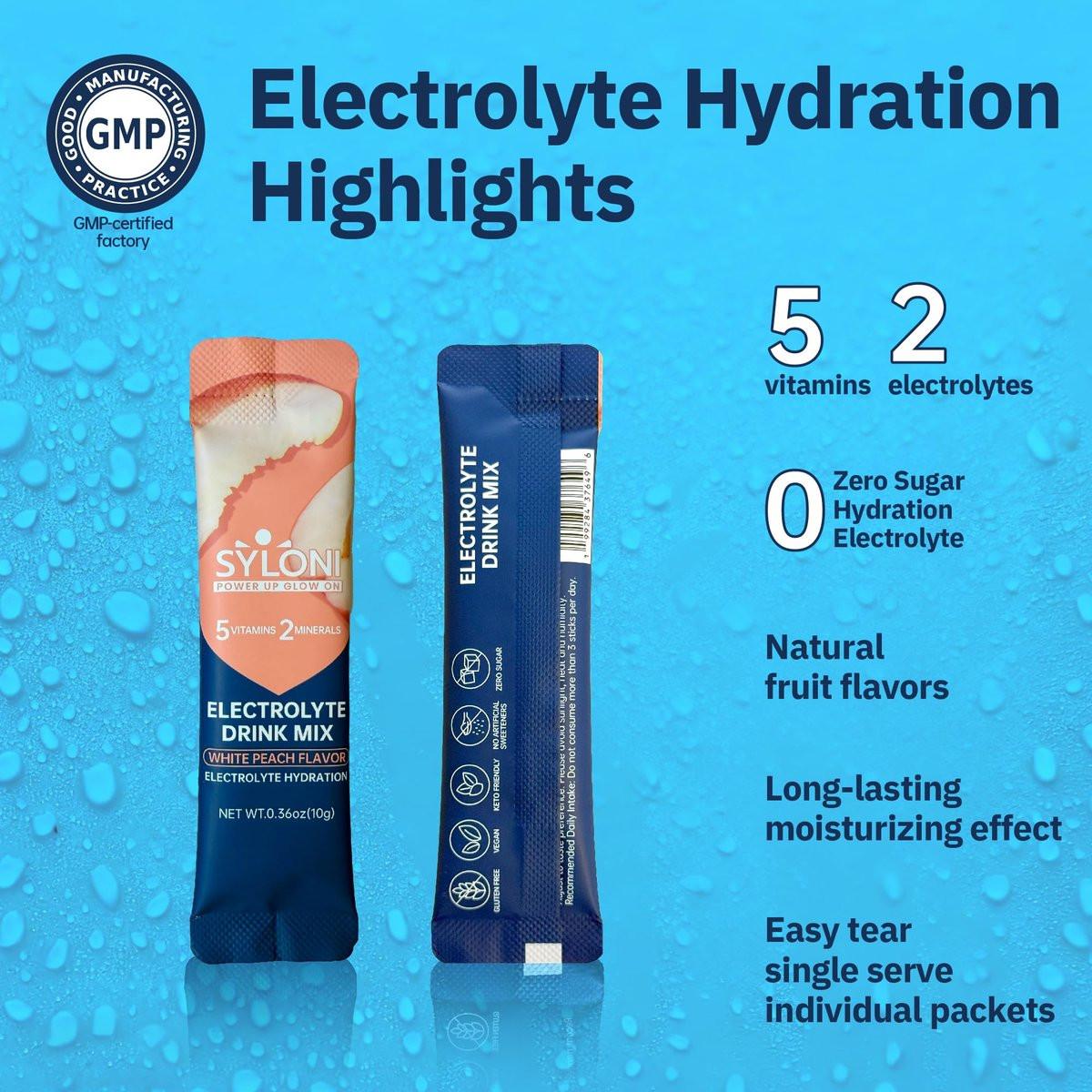 Syloni Elektrolytpulver Beutel, Weißer Pfirsich (0,36 oz * 20 Sticks), Zuckerfreie Hydrationspackungen mit 7 Vitaminen und Elektrolyten, Keto-freundlich, Vegan, Glutenfrei