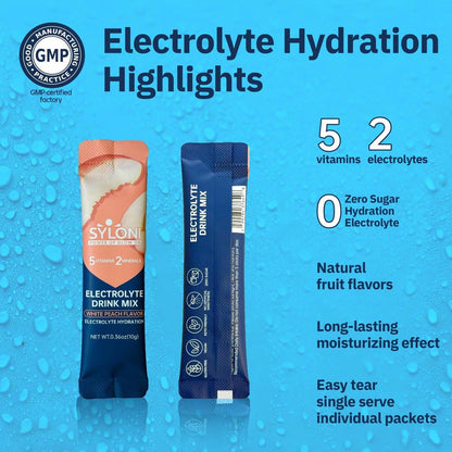 Syloni Elektrolytpulver Beutel, Weißer Pfirsich (0,36 oz * 20 Sticks), Zuckerfreie Hydrationspackungen mit 7 Vitaminen und Elektrolyten, Keto-freundlich, Vegan, Glutenfrei
