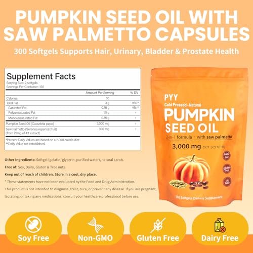 PYY Kaltgepresstes Kürbiskernöl & Sägepalme Weichkapseln | 100 Stück | Reich an essentiellen Fettsäuren & Phytosterinen | Fördert gesundes Haar, Blasen- & Prostatagesundheit