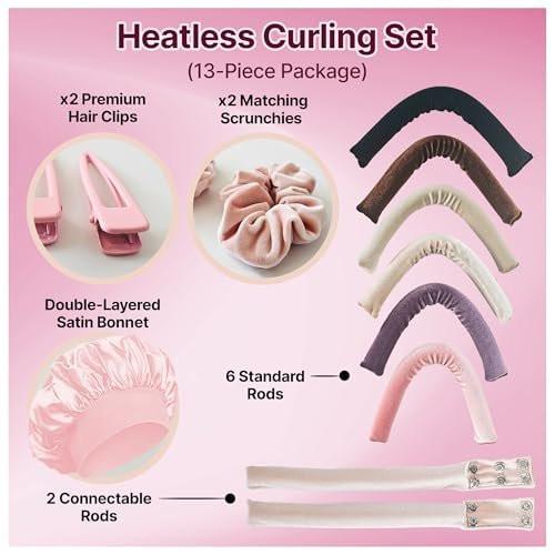 13-in-1 Heatless Curls Overnight Set – 8 Lockenwickler für die Nacht, Samthaube, Scrunchies & Clips – Extra Lange Lockenstäbe für schonende Locken ohne Hitze