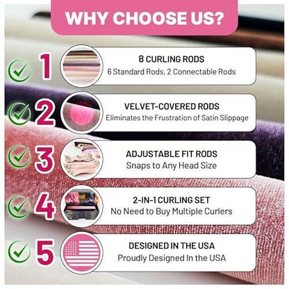 13-in-1 Heatless Curls Overnight Set – 8 Lockenwickler für die Nacht, Samthaube, Scrunchies & Clips – Extra Lange Lockenstäbe für schonende Locken ohne Hitze