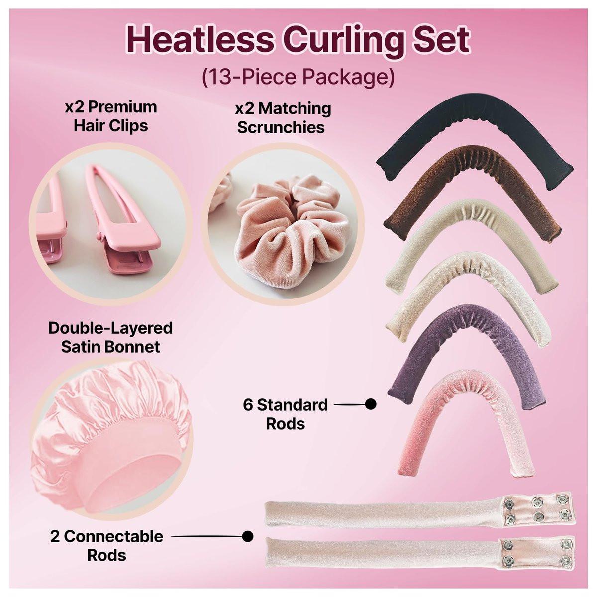 13-in-1 Heatless Curls Overnight Set – 8 Lockenwickler für die Nacht, Samthaube, Scrunchies & Clips – Extra Lange Lockenstäbe für schonende Locken ohne Hitze