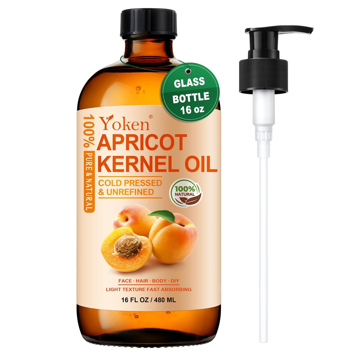 Yoken Kaltgepresstes Aprikosenkernöl 16 fl oz Glasflasche - 100% reines und natürliches Aprikosenöl, leichtes Träger- und Massageöl für Haut und Haare, unparfümiert und hexanfrei