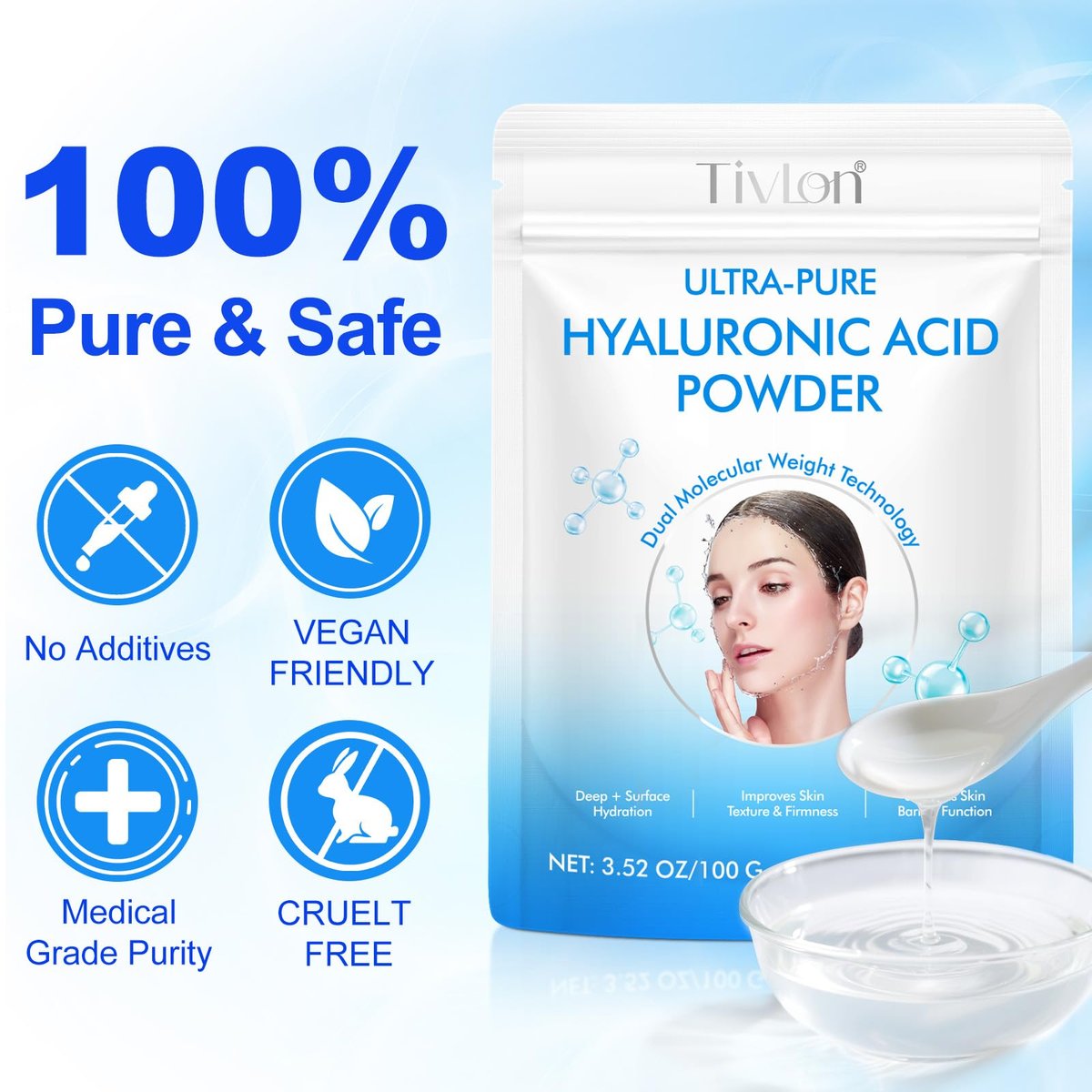 2er-Pack Hyaluronsäure-Pulver für die Haut – Hohes Molekulargewicht, tiefenwirksame Feuchtigkeitspflege, kosmetisches, wasserlösliches Pulver, vegan, glutenfrei, ideal für DIY-Seren & Cremes, 215 g (7,6 Unzen)