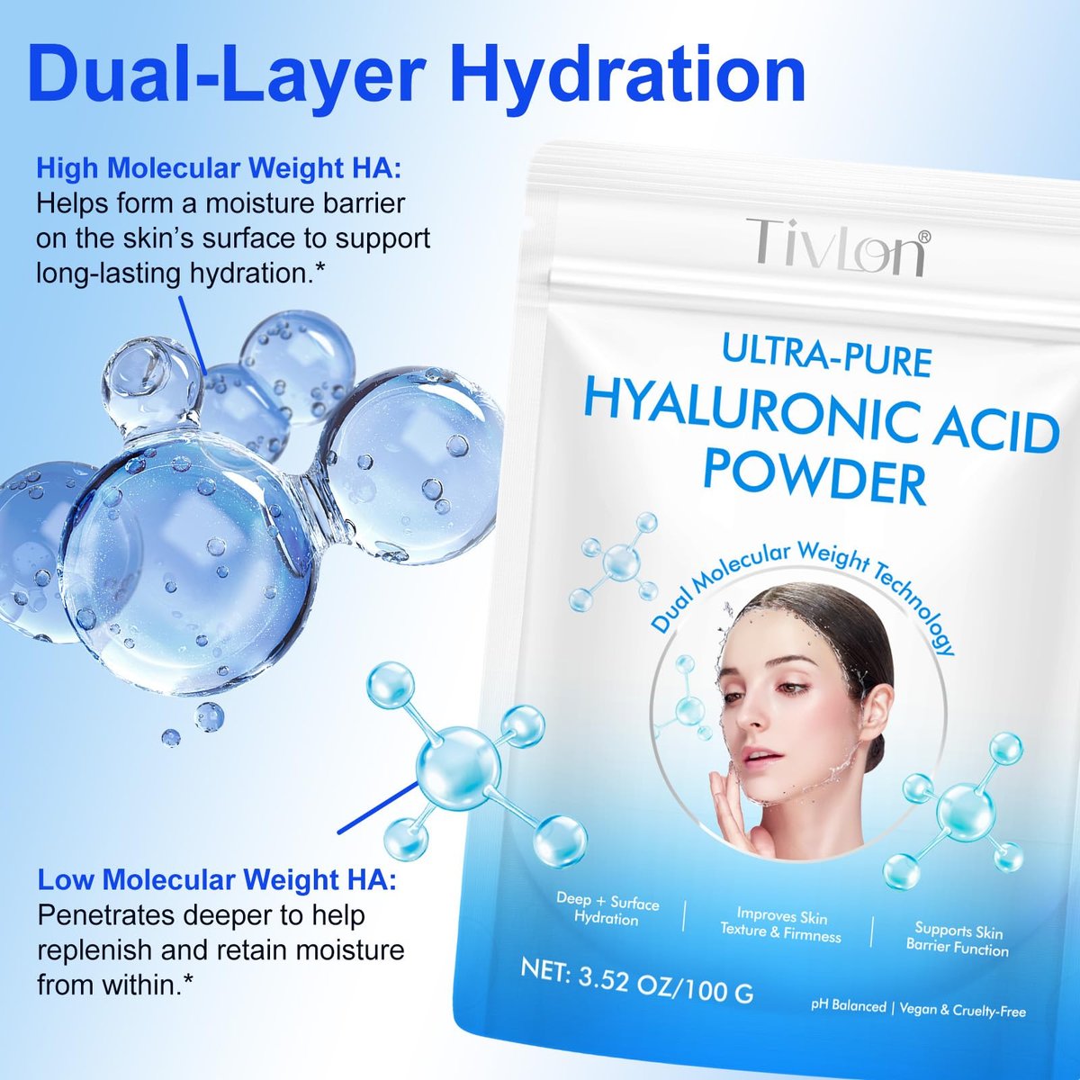 2er-Pack Hyaluronsäure-Pulver für die Haut – Hohes Molekulargewicht, tiefenwirksame Feuchtigkeitspflege, kosmetisches, wasserlösliches Pulver, vegan, glutenfrei, ideal für DIY-Seren & Cremes, 215 g (7,6 Unzen)