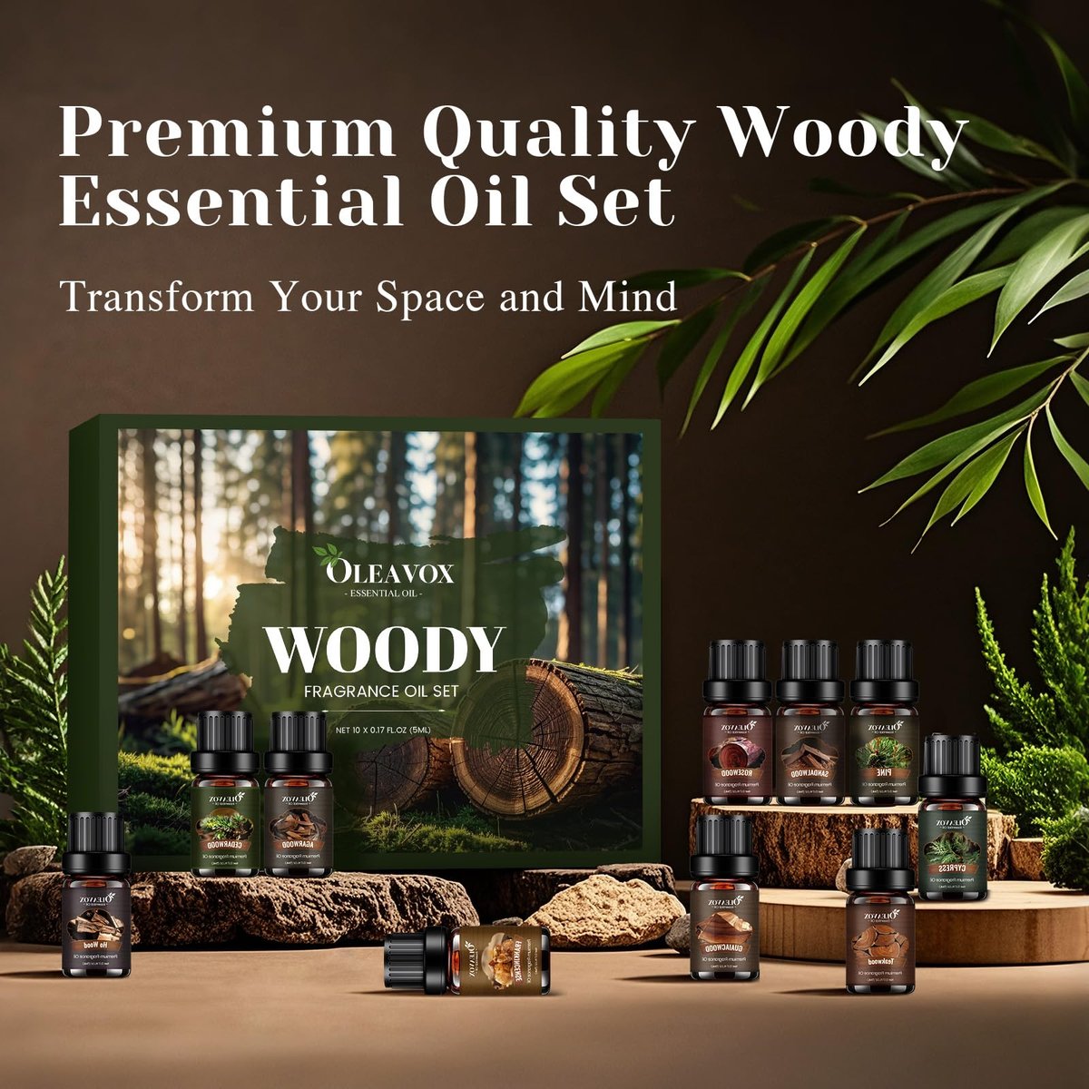 Woody Essential Oils Geschenkset – 10x5ml Premium Holzduftöle für Kerzen, Seifen & Diffuser: Sandelholz, Teakholz, Waldkiefer, Zeder, Zypresse, Weihrauch & mehr