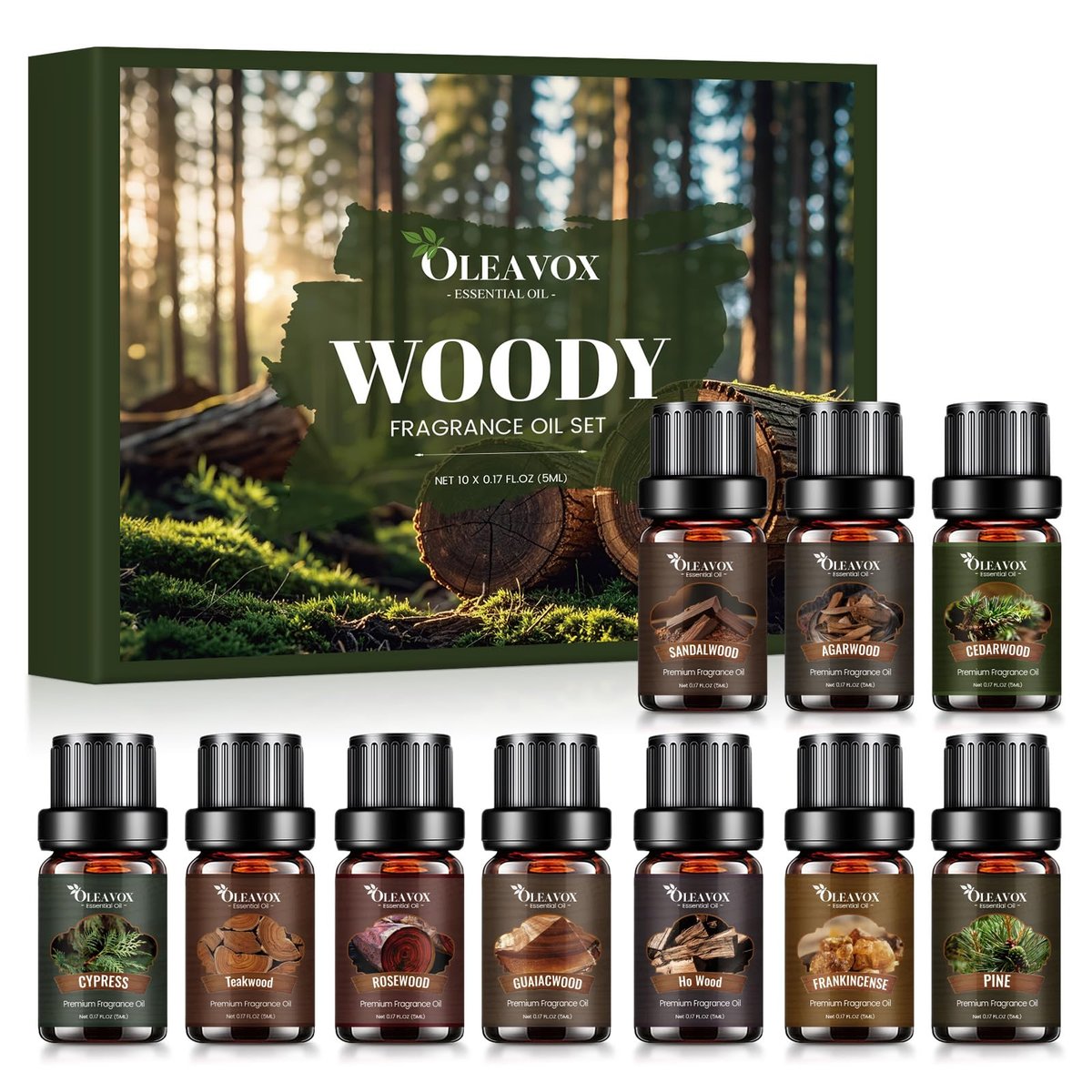 Woody Essential Oils Geschenkset – 10x5ml Premium Holzduftöle für Kerzen, Seifen & Diffuser: Sandelholz, Teakholz, Waldkiefer, Zeder, Zypresse, Weihrauch & mehr