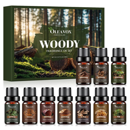 Woody Essential Oils Geschenkset – 10x5ml Premium Holzduftöle für Kerzen, Seifen & Diffuser: Sandelholz, Teakholz, Waldkiefer, Zeder, Zypresse, Weihrauch & mehr