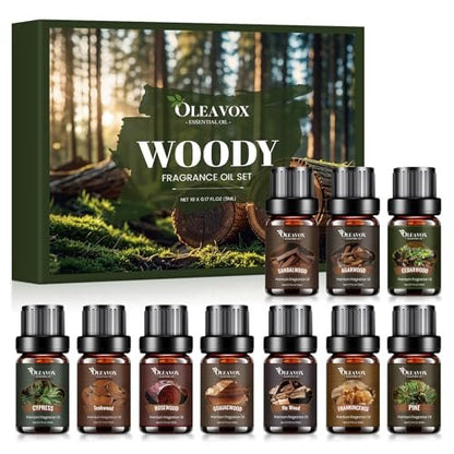 Woody Essential Oils Geschenkset – 10x5ml Premium Holzduftöle für Kerzen, Seifen & Diffuser: Sandelholz, Teakholz, Waldkiefer, Zeder, Zypresse, Weihrauch & mehr