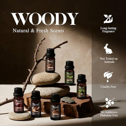Woody Essential Oils Geschenkset – 10x5ml Premium Holzduftöle für Kerzen, Seifen & Diffuser: Sandelholz, Teakholz, Waldkiefer, Zeder, Zypresse, Weihrauch & mehr
