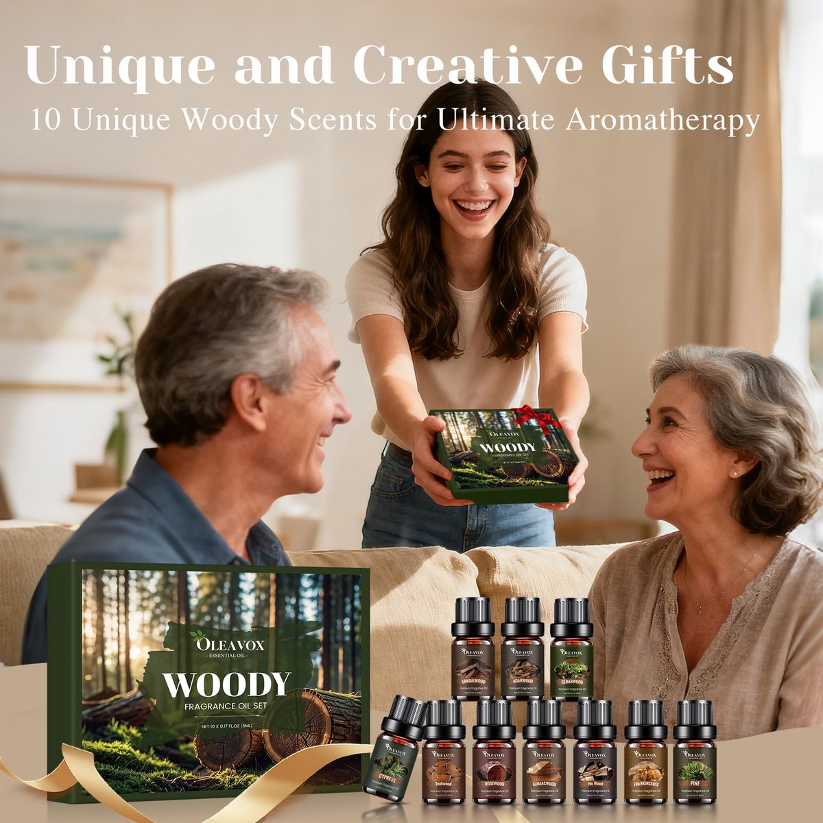Woody Essential Oils Geschenkset – 10x5ml Premium Holzduftöle für Kerzen, Seifen & Diffuser: Sandelholz, Teakholz, Waldkiefer, Zeder, Zypresse, Weihrauch & mehr