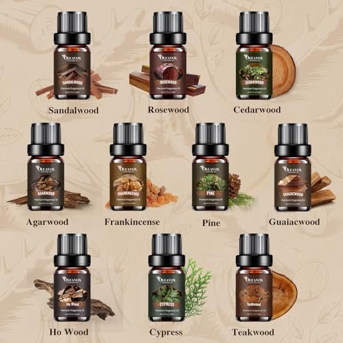 Woody Essential Oils Geschenkset – 10x5ml Premium Holzduftöle für Kerzen, Seifen & Diffuser: Sandelholz, Teakholz, Waldkiefer, Zeder, Zypresse, Weihrauch & mehr