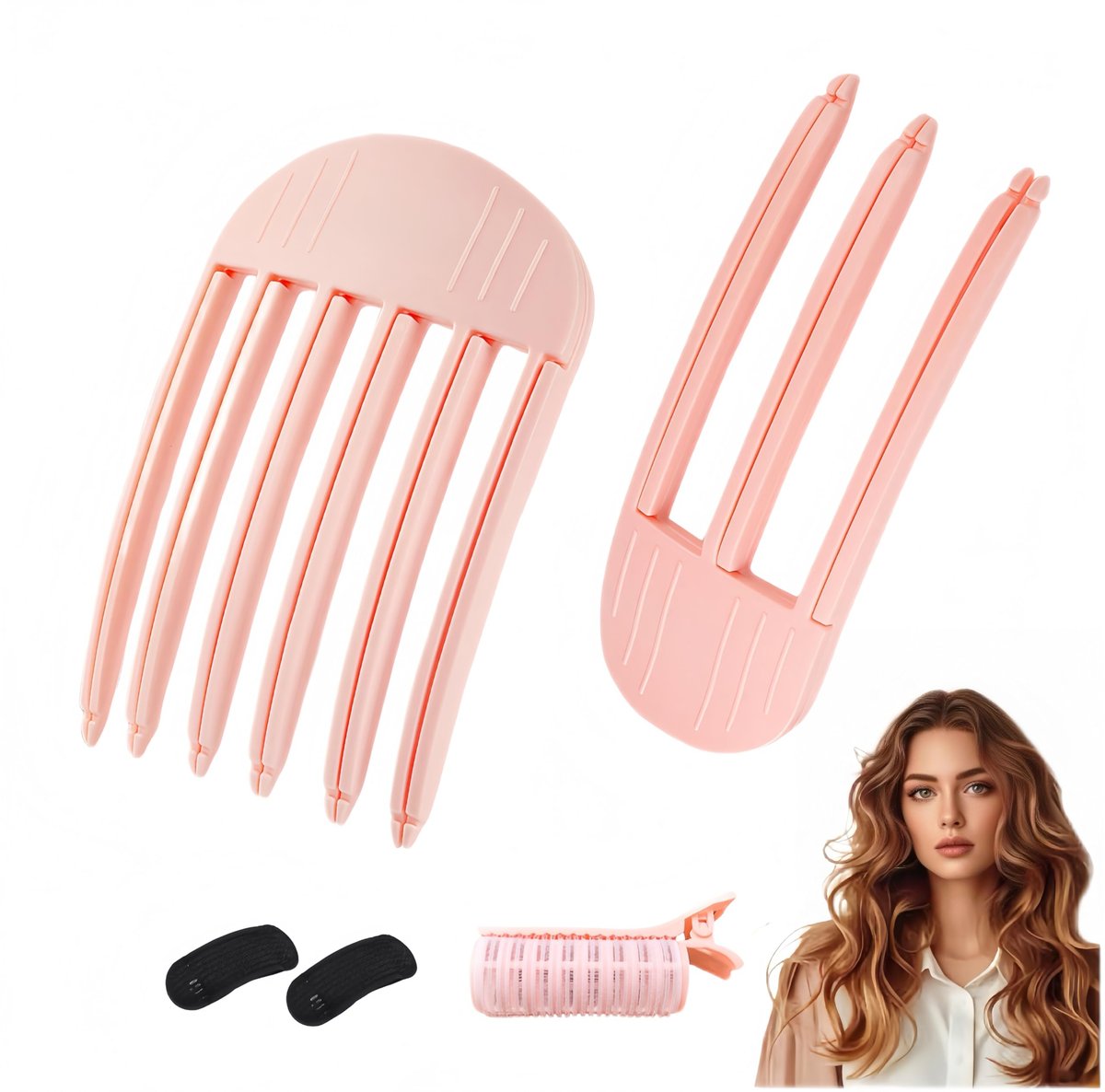 Haarvolumen-Clip für Frauen & Männer (2 Stück) – Volumen-Wurzel-Lift-Tool für dünnes Haar, flauschige Pony, Hochzeit & tägliches Styling – mit 2 unsichtbaren Einsätzen & 1 Lockenstab – Pink