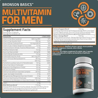 Bronson Multivitamin für Männer – Tägliche All-in-One-Formel mit wichtigen Vitaminen, Mineralien & Kräutern zur Unterstützung der Männergesundheit, 60 Kapseln