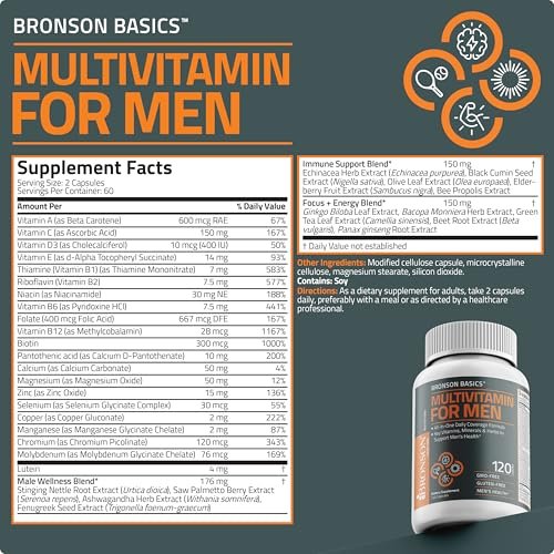 Bronson Multivitamin für Männer – Tägliche Rundum-Versorgung mit Vitaminen, Mineralstoffen und Kräutern zur Unterstützung der Männergesundheit, 120 Kapseln