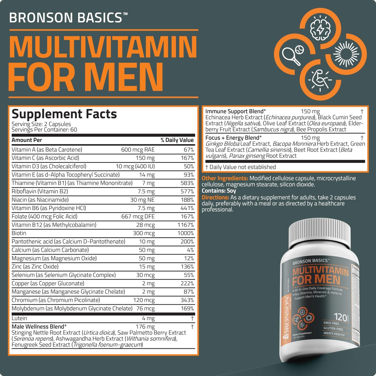 Bronson Multivitamin für Männer – Tägliche Rundum-Versorgung mit Vitaminen, Mineralstoffen und Kräutern zur Unterstützung der Männergesundheit, 120 Kapseln