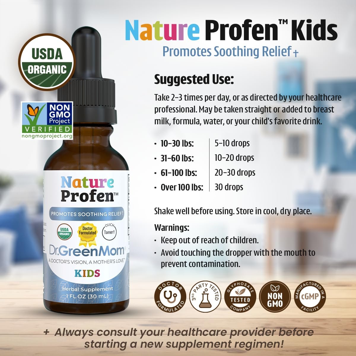 Dr. Green Mom Nature Profen Bio Kräutertropfen für Babys & Kinder – USDA Bio, natürliche Linderung bei Zahnen, Wachstumsschüben und gelegentlichen Beschwerden