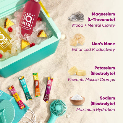 IQMIX Hydration Elektrolyt-Pulver – 4-in-1 Formel für Hydration, geistige Klarheit, Stimmung und Erholung – Zuckerfreies Getränkepulver, Keto, Magnesium-L-Threonat, Löwenmähne – 20 Portionen Vacation Variety Pack
