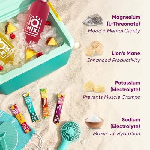 IQMIX Hydration Elektrolyt-Pulver – 4-in-1 Formel für Hydration, geistige Klarheit, Stimmung und Erholung – Zuckerfreies Getränkepulver, Keto, Magnesium-L-Threonat, Löwenmähne – 20 Portionen Vacation Variety Pack