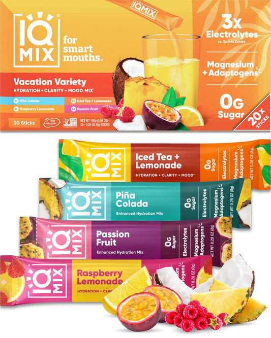 IQMIX Hydration Elektrolyt-Pulver – 4-in-1 Formel für Hydration, geistige Klarheit, Stimmung und Erholung – Zuckerfreies Getränkepulver, Keto, Magnesium-L-Threonat, Löwenmähne – 20 Portionen Vacation Variety Pack