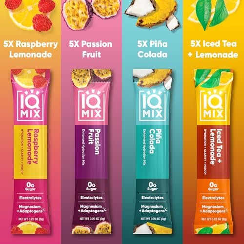 IQMIX Hydration Elektrolyt-Pulver – 4-in-1 Formel für Hydration, geistige Klarheit, Stimmung und Erholung – Zuckerfreies Getränkepulver, Keto, Magnesium-L-Threonat, Löwenmähne – 20 Portionen Vacation Variety Pack