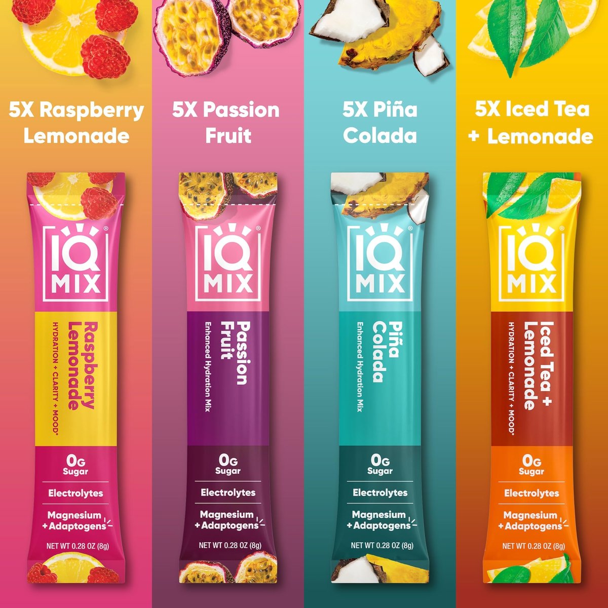 IQMIX Hydration Elektrolyt-Pulver – 4-in-1 Formel für Hydration, geistige Klarheit, Stimmung und Erholung – Zuckerfreies Getränkepulver, Keto, Magnesium-L-Threonat, Löwenmähne – 20 Portionen Vacation Variety Pack