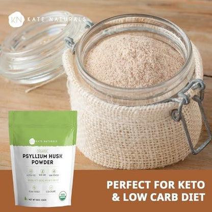 Kate Naturals Psylliumschalenpulver – Bio, glutenfrei, fein gemahlen – 227 g für Ballaststoffe, Verdauung & Backen
