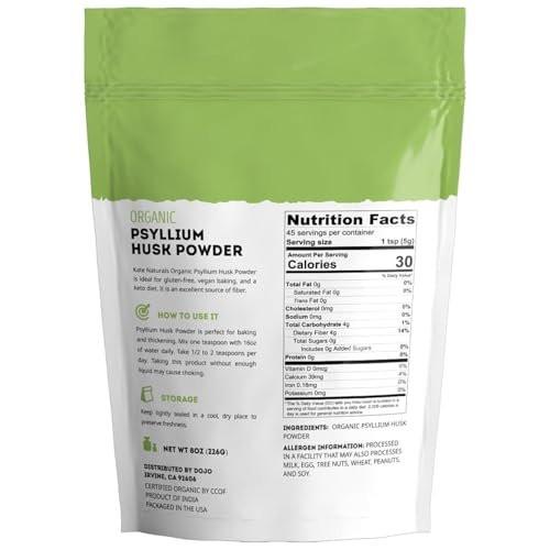 Kate Naturals Psylliumschalenpulver – Bio, glutenfrei, fein gemahlen – 227 g für Ballaststoffe, Verdauung & Backen