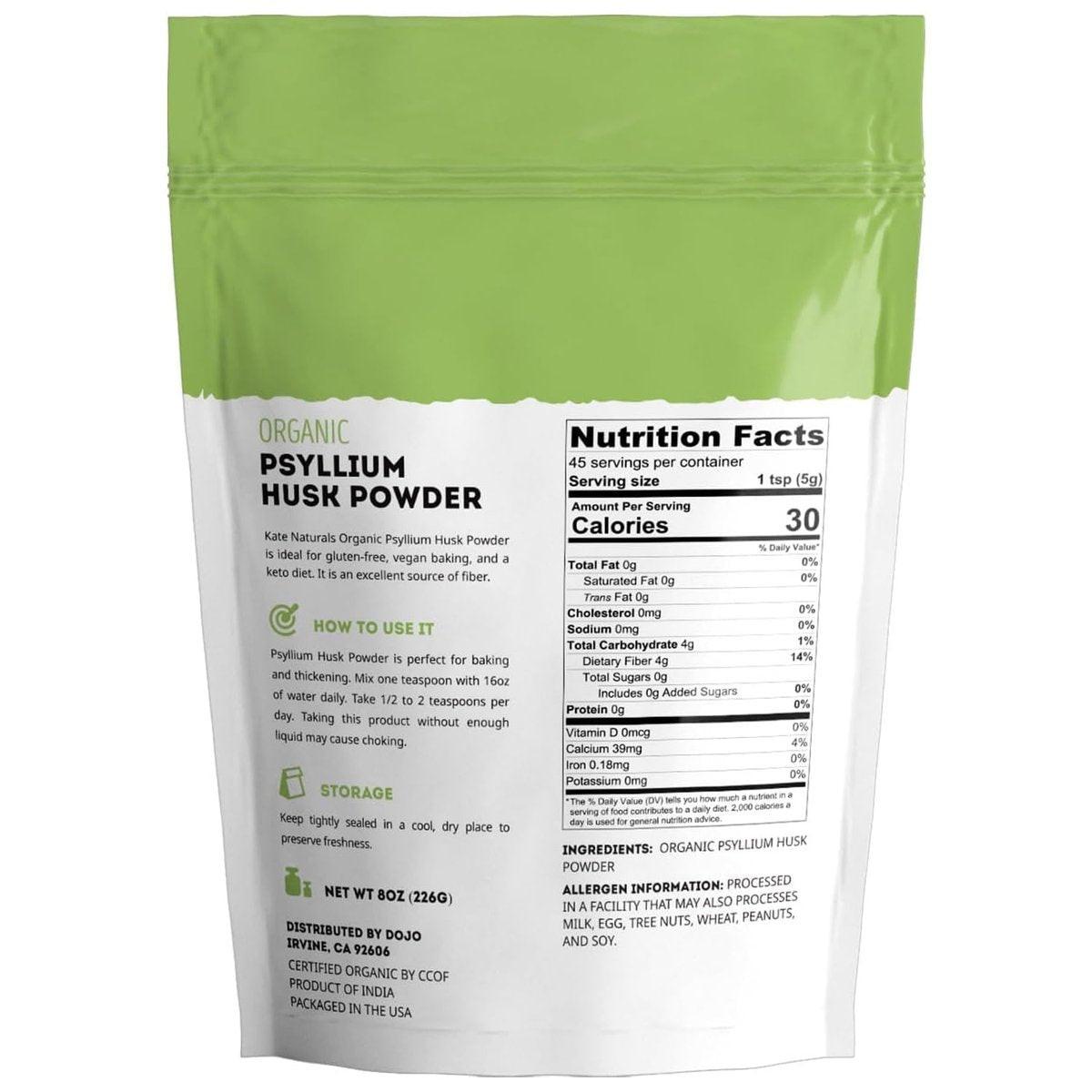 Kate Naturals Psylliumschalenpulver – Bio, glutenfrei, fein gemahlen – 227 g für Ballaststoffe, Verdauung & Backen