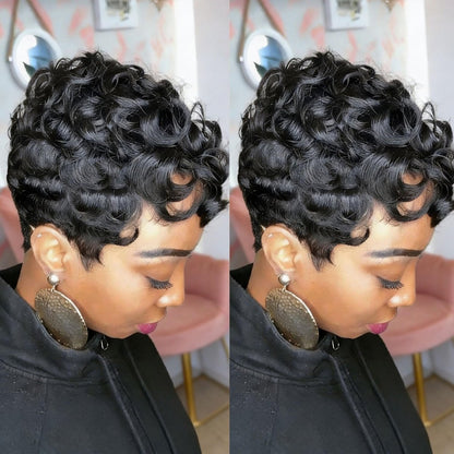 Nigteye Kurze Pixie Perücke für Schwarze Frauen – Schwarze Lockige Pixie Cut Perücke aus Synthetik, Natürliche Wellige Kurzhaarperücke