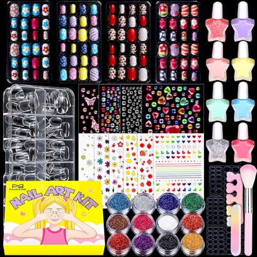 FANDAMEI Nagelset für Mädchen – Press-on-Nägel für Teens, Nagellack-Set, falsche Nagelspitzen, Aufkleber, 3D-Strass-Aufkleber, Nagelglitzer, Nagelkunst-Werkzeugset