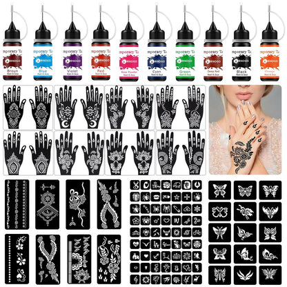 Temporäres Tattoo-Set mit 10 Farben, 86 Schablonen und Zubehör – für Kinder, Erwachsene und Anfänger