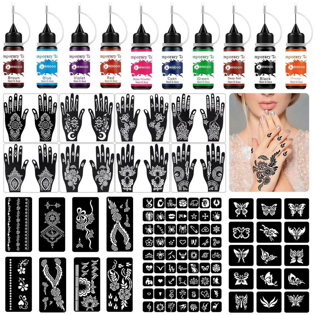 Temporäres Tattoo-Set mit 10 Farben, 86 Schablonen und Zubehör – für Kinder, Erwachsene und Anfänger