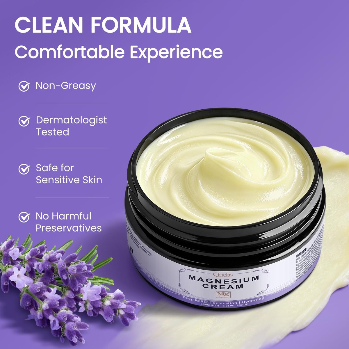 QUELTIS Magnesium Creme – Magnesium Lotion für Schlaf, Schmerzen & Wadenkrämpfe, topisches Magnesiumchlorid für Muskelentspannung, Beruhigung & Feuchtigkeit – hautfreundlich & sicher für Kinder & Erwachsene (Lavendel)