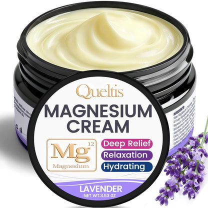 QUELTIS Magnesium Creme – Magnesium Lotion für Schlaf, Schmerzen & Wadenkrämpfe, topisches Magnesiumchlorid für Muskelentspannung, Beruhigung & Feuchtigkeit – hautfreundlich & sicher für Kinder & Erwachsene (Lavendel)
