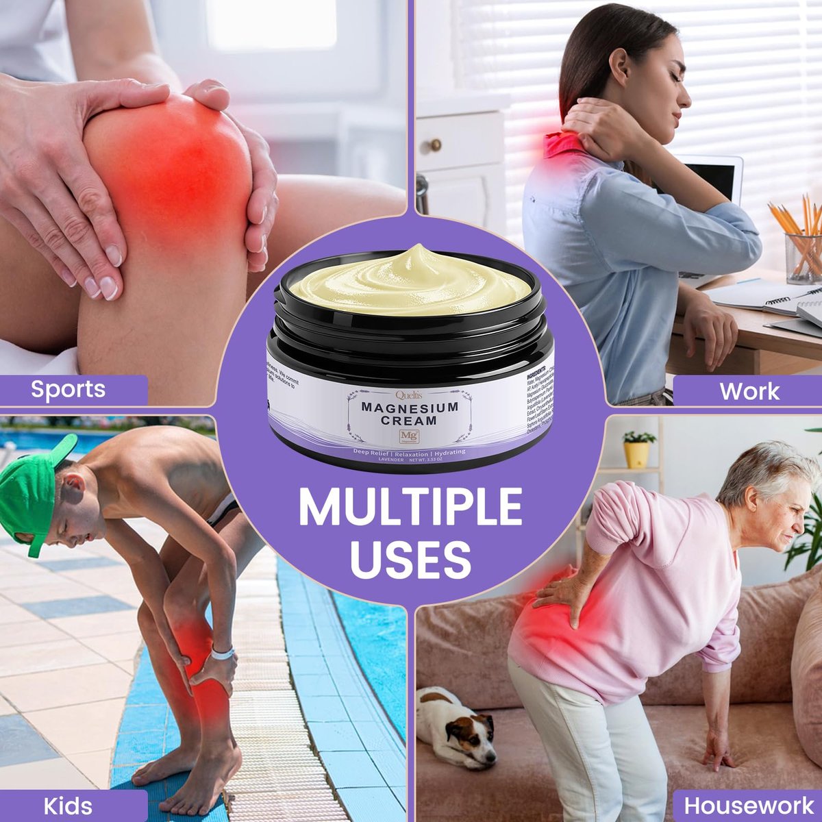 QUELTIS Magnesium Creme – Magnesium Lotion für Schlaf, Schmerzen & Wadenkrämpfe, topisches Magnesiumchlorid für Muskelentspannung, Beruhigung & Feuchtigkeit – hautfreundlich & sicher für Kinder & Erwachsene (Lavendel)
